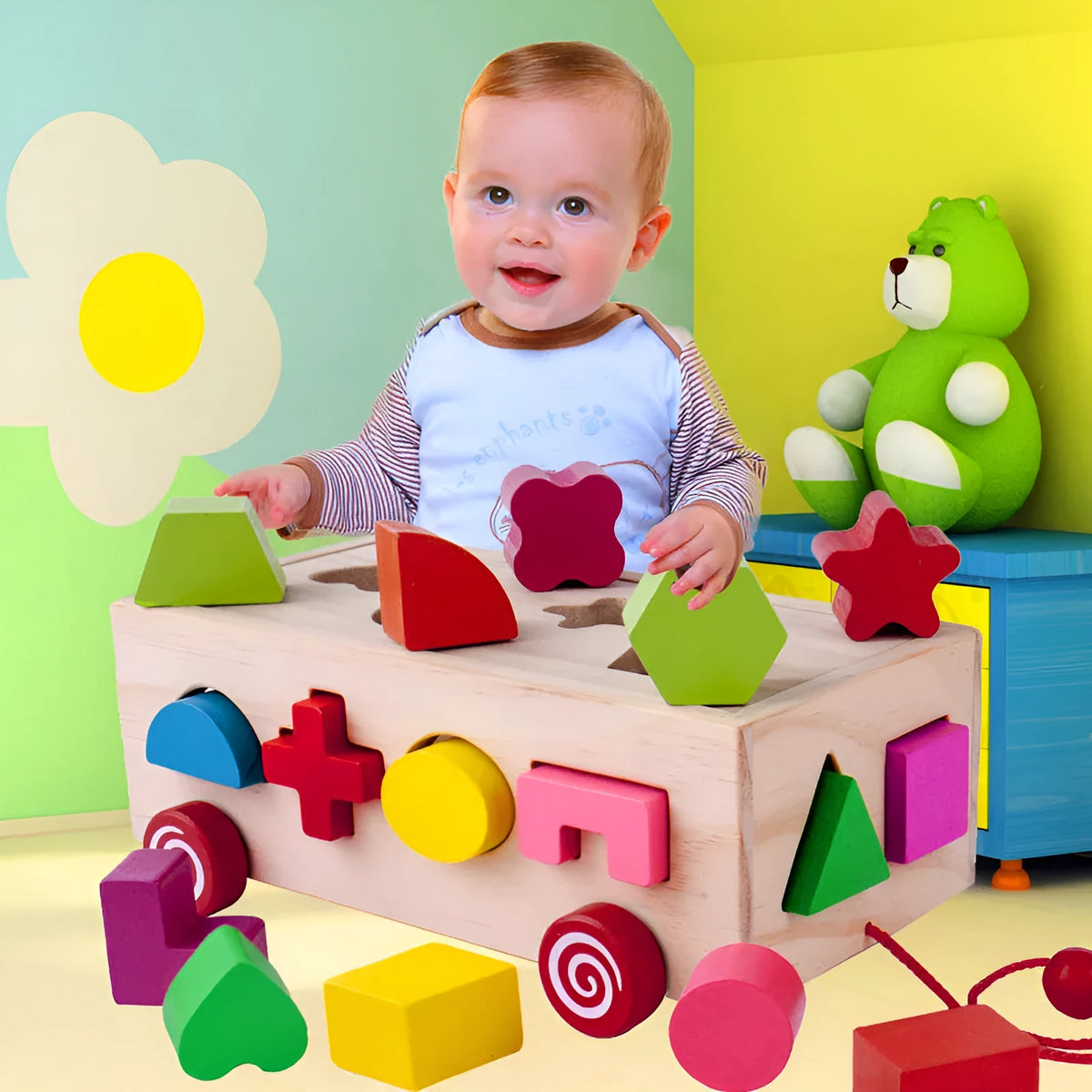 Wooden shape matching building blocks in pine wood with water-based paint, supplied in a sixteen hole intellectual box for children over 1 year old.
