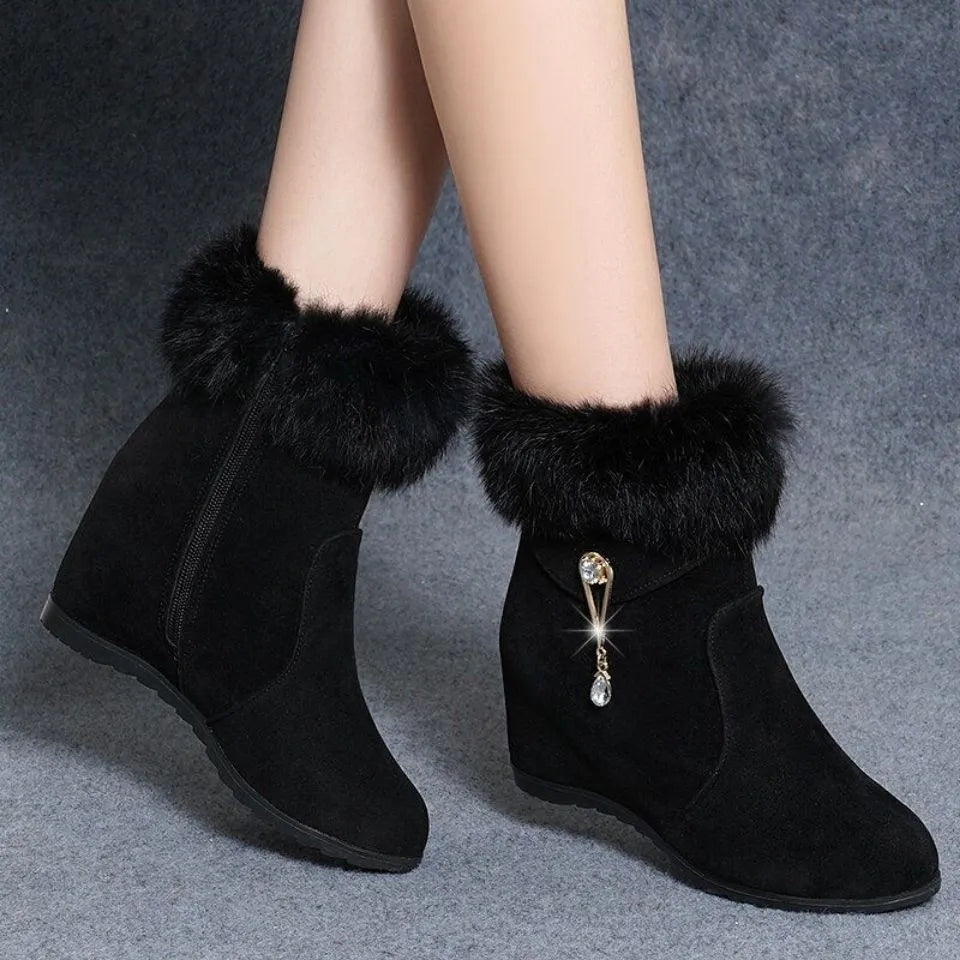 Women's height increasing insole snow boots, black fur upper, sizes 35 to 40, side view