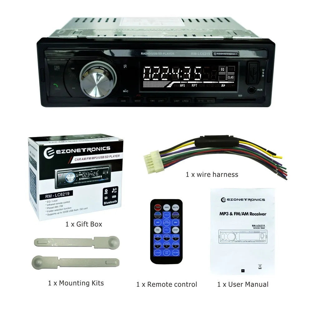 Car Bluetooth FM MP3 stereo receiver with USB and SD card slots on front panel