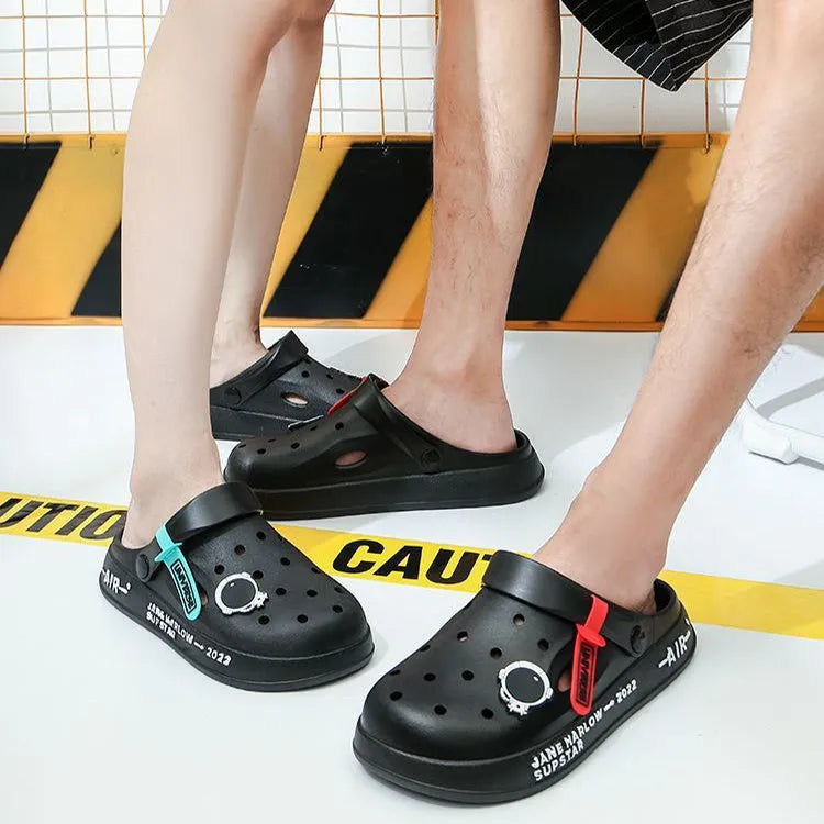 Astronaut decor PVC unisex flip-flop clogs in black astronaut colour, with anti-skid sole, indoor outdoor garden shoes