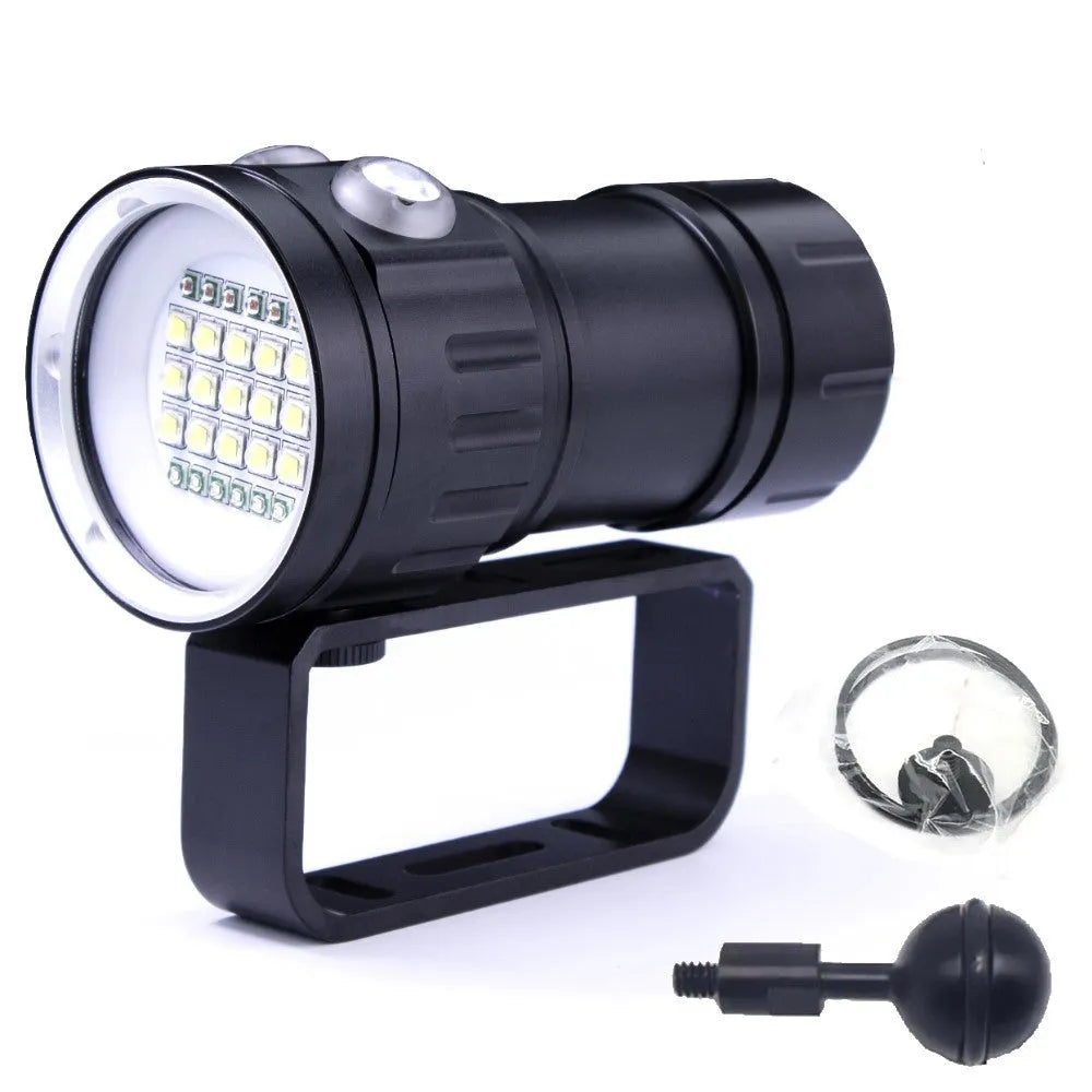 Professional 100W LED diving flashlight with aluminium body, 18650 batteries, handle bracket and ball bracket for underwater photography fill light.