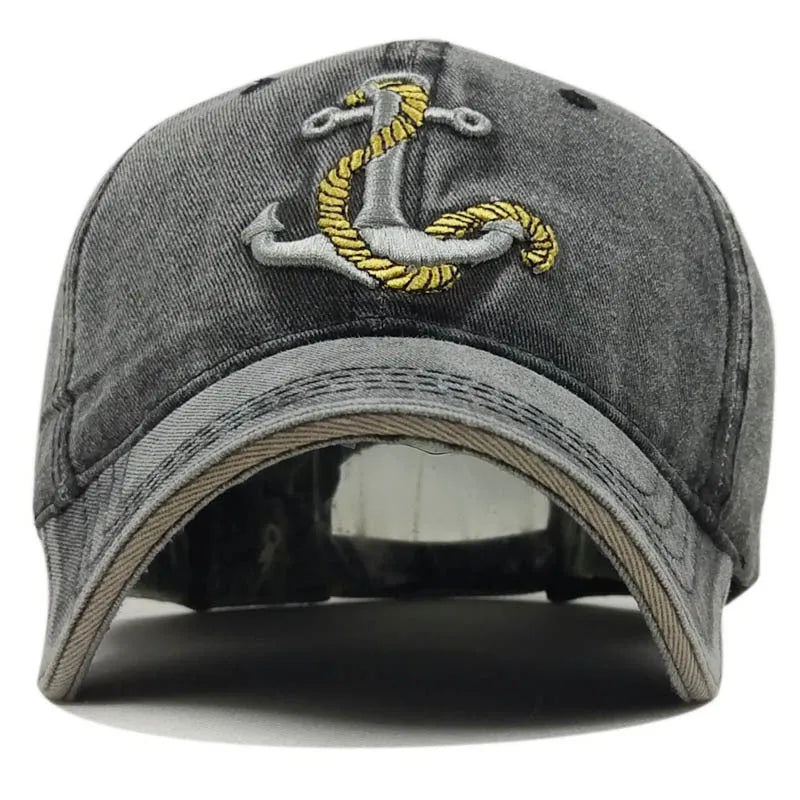 Anchor embroidered cotton baseball cap in Khaki colour, front view, showing adjustable back strap.