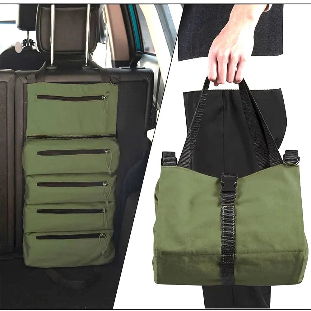 Multi-purpose roll up tool bag in Oxford cloth with 40KG weight bearing, shown in khaki, army green or black