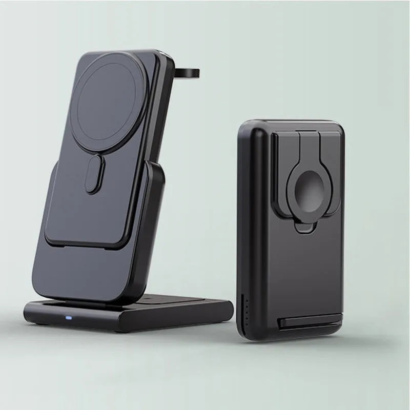 Magnetic three-in-one power bank with 5000mAh capacity, foldable bracket, charging an iPhone, Apple Watch and AirPods