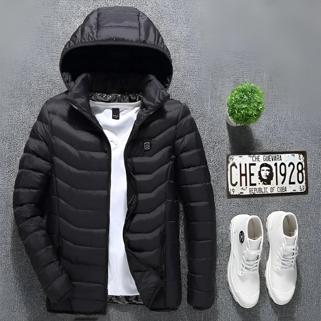 Black USB heated jacket with removable hood on a model showing front view and elastic cuffs