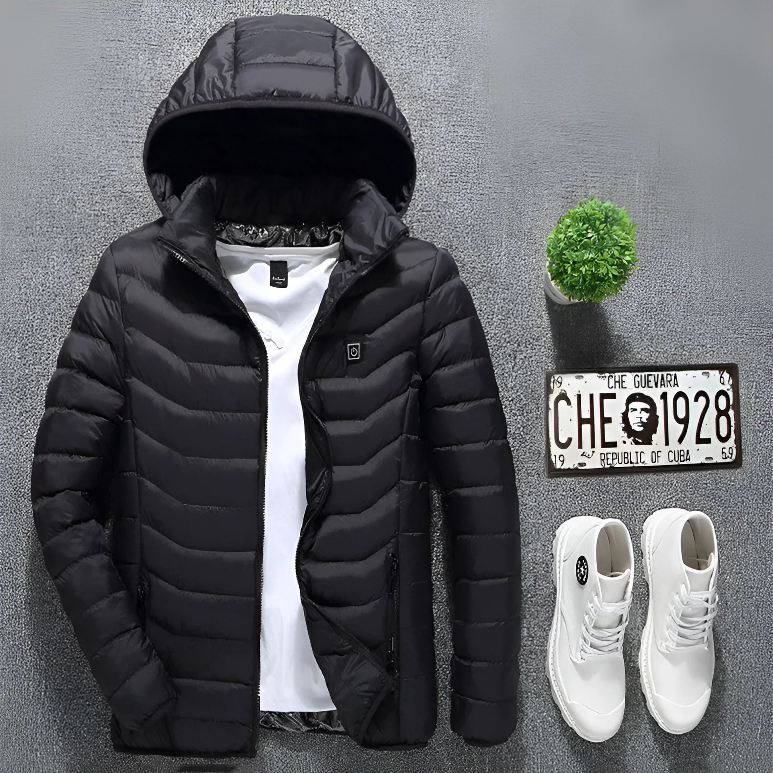 Black USB heated jacket with removable hood on a model showing front view and elastic cuffs