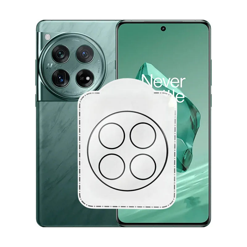 Large arc HD tempered glass lens protector with black alignment ring for OnePlus phones.