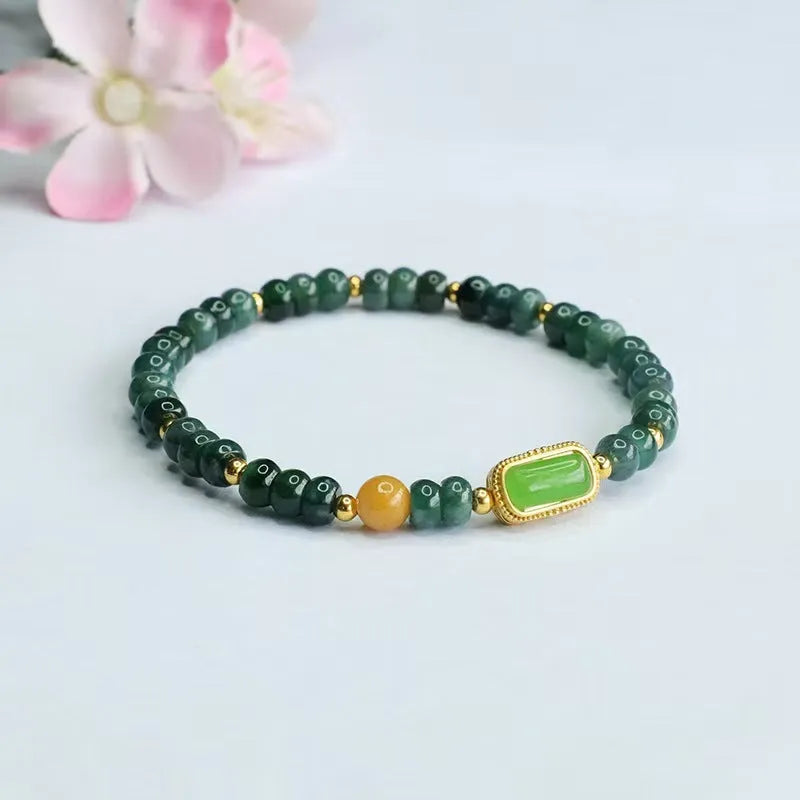 Blue natural stone bracelet with abacus beads in geometry shapes including round, oval and ring elements