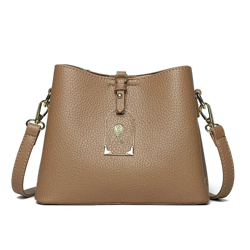 High-texture PU shoulder crossbody bag with sandwich pocket, 21x17x10cm, in brown, khaki, gray, apricot, and black
