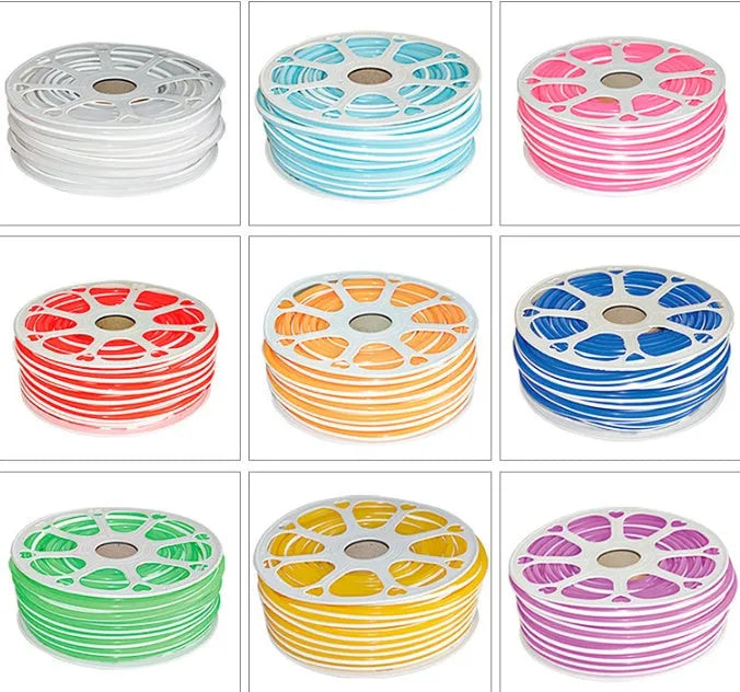 Flexible silicone neon light bar in various colours showing 8mm width and coiled 50 metre length