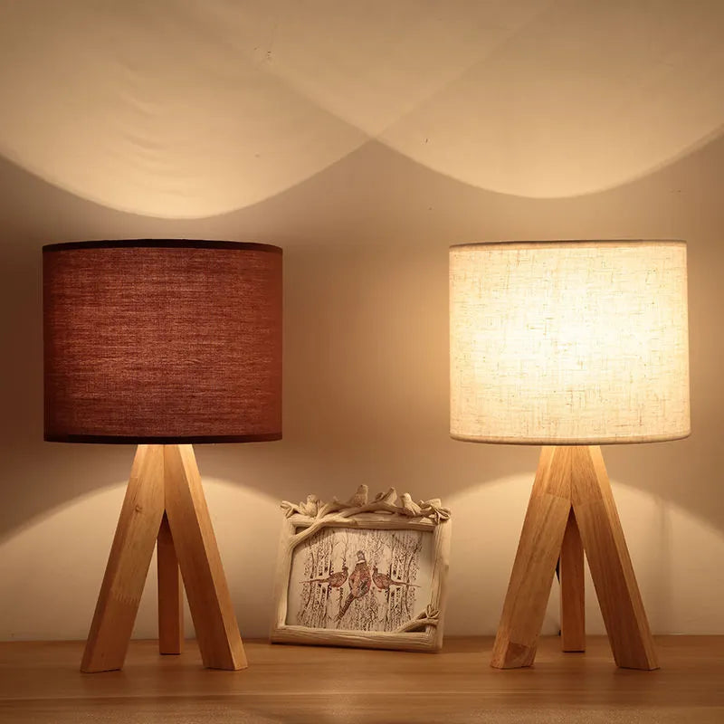 Japanese style solid wood table lamp with fabric lampshade in linen trumpet colour, bedside use