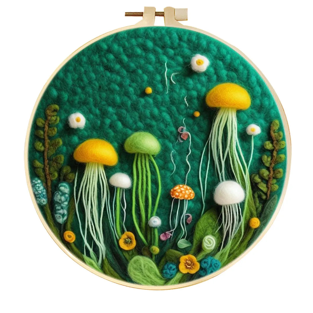 Round linen embroidery frame with wool felt floral decoration kit for three-dimensional wall art