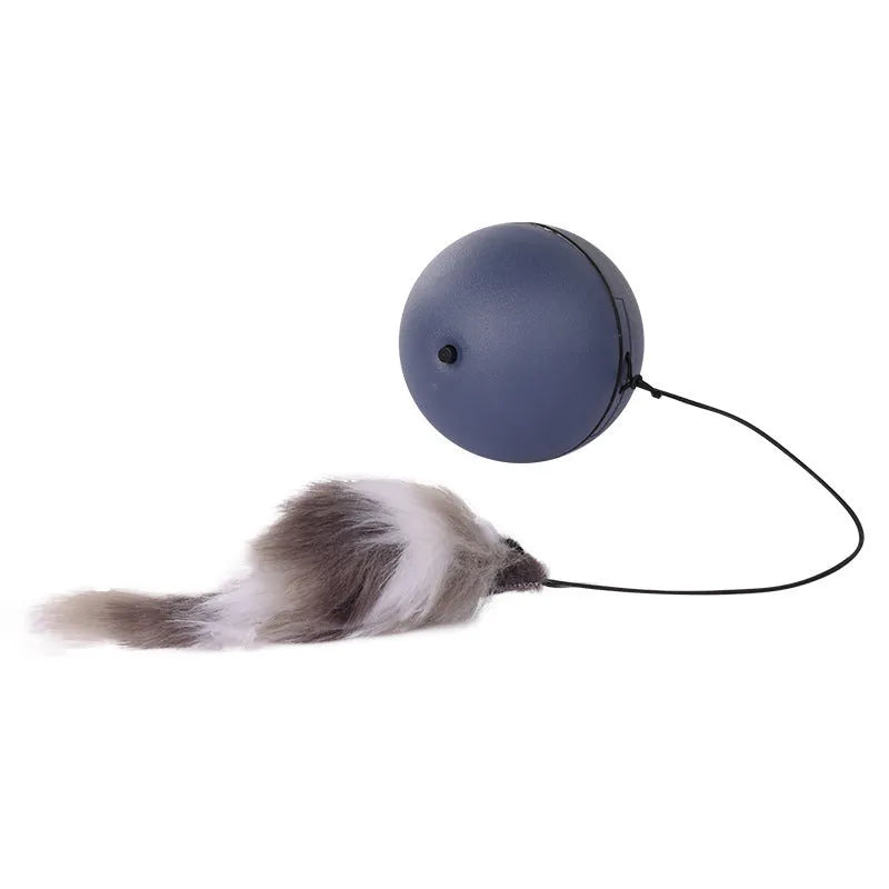 Interactive cat toy ball with plush mouse attachment showing blue and orange colours