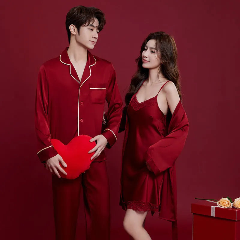 Red ice silk matching men's and women's long sleeve trousers sleepwear set for wedding dowry.