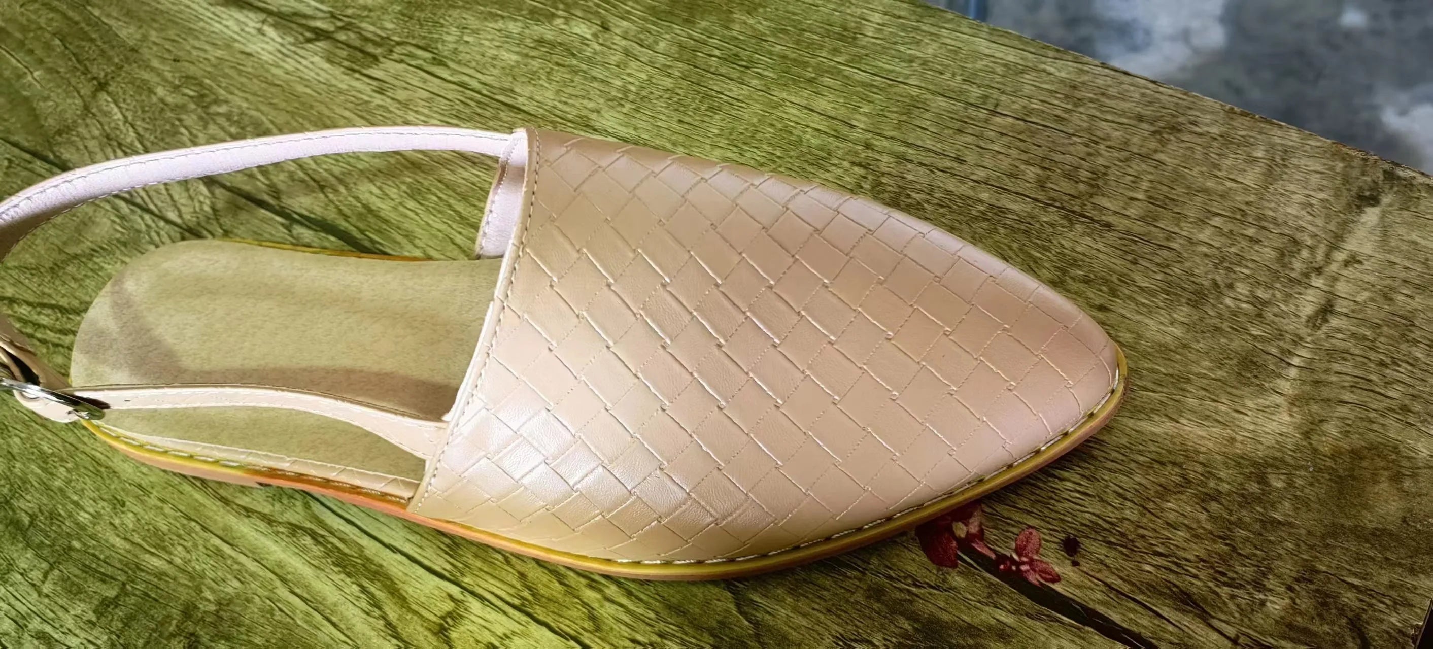 Women's flat sandals with a buckle and pointed toe in multiple colour options.