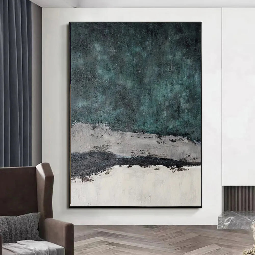 Large abstract handmade painting retro green texture on canvas, hand-painted, vertical orientation, no frame