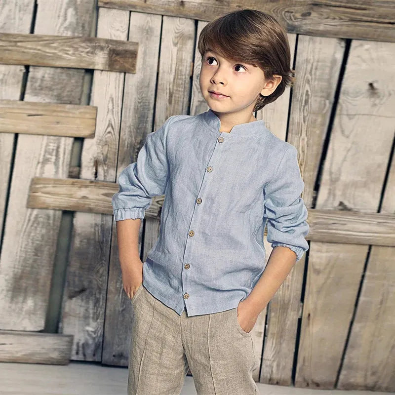 Baby long sleeve top in blue or white, cotton and linen fabric, casual neutral style, sizes 90cm to 130cm