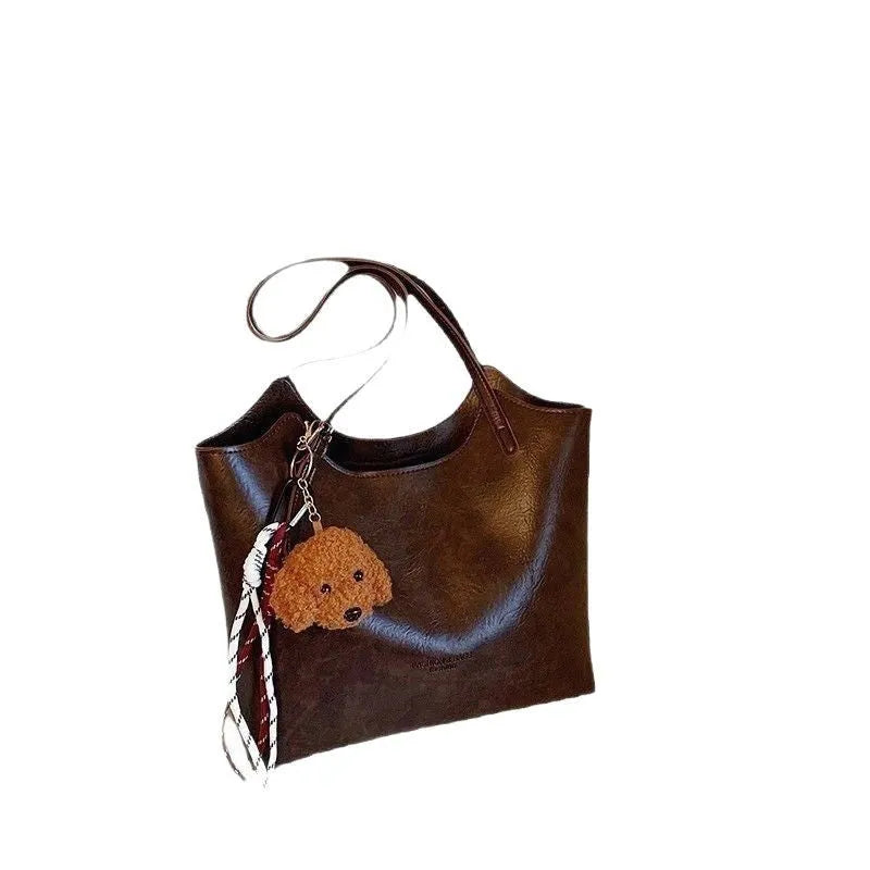 Women's PU retro commuter shoulder bag in horizontal square shape with stitching and detachable ribbon pendant