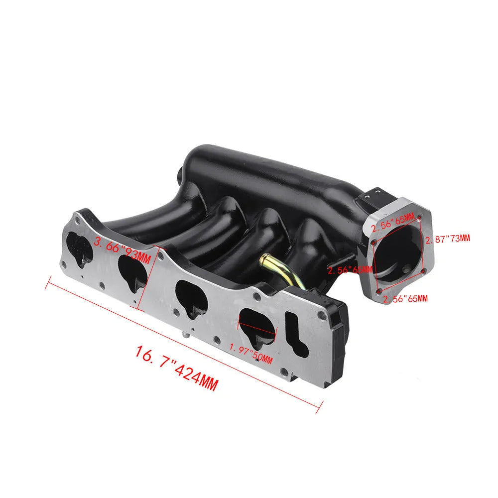 Cast aluminium intake manifold for Honda K series with 72mm throttle body opening, silver or black.