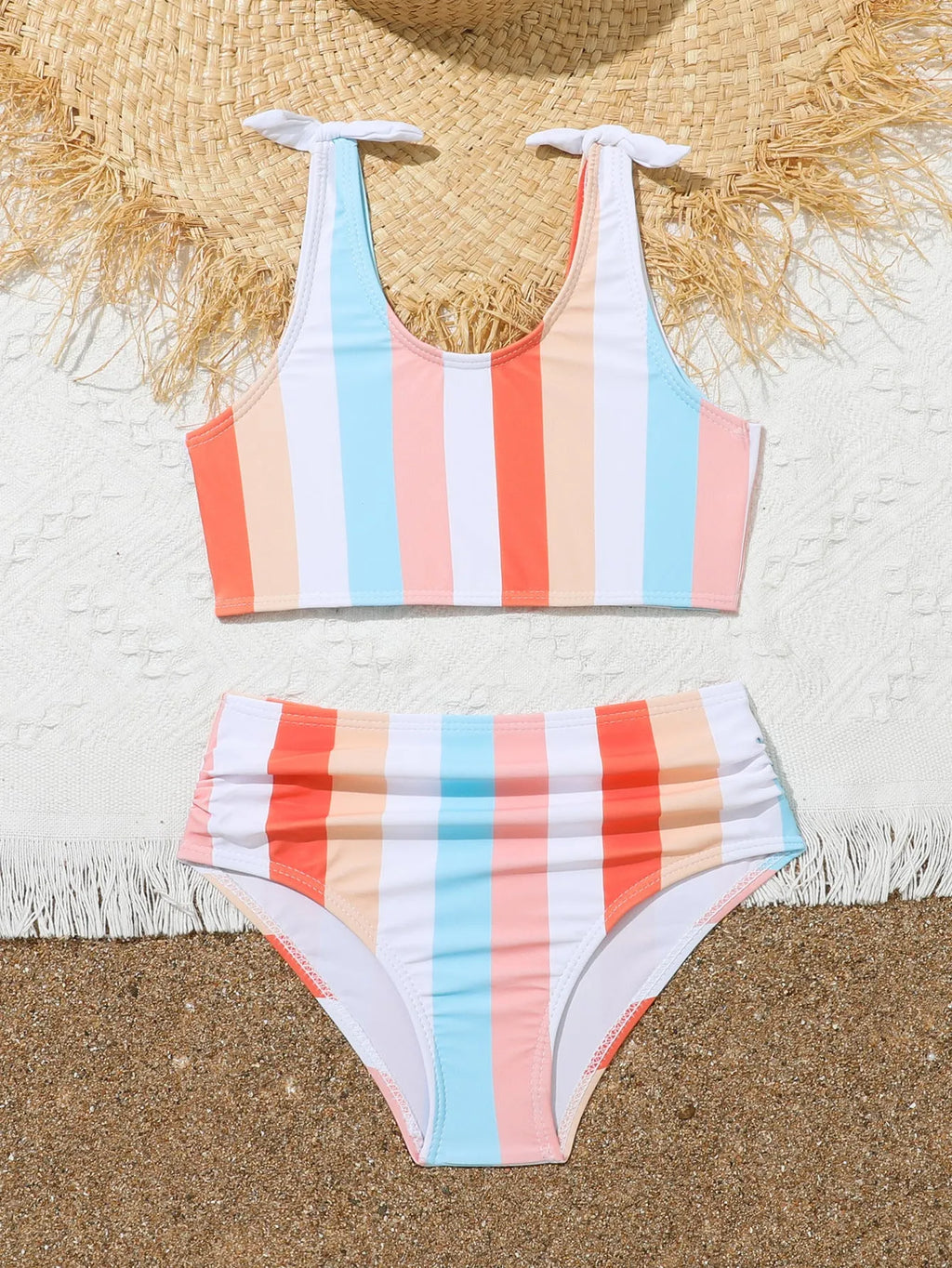 Girls' plaid print swimsuit briefs with separate top and bottom pieces