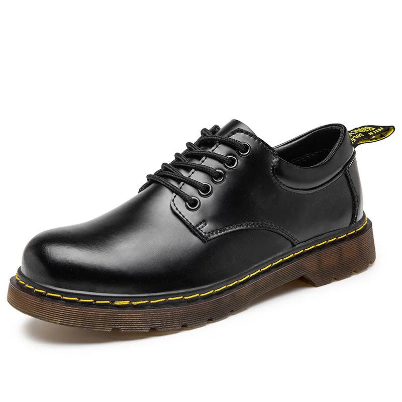 Low top big head black genuine leather Martin shoes for men with round toe and front lace-up