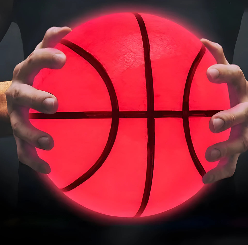 Orange LED luminous basketball, size 7, rubber, 9.5-inch diameter, glowing for streetball and gifts.