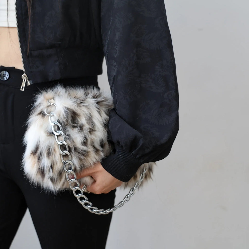 Soft plush underarm shoulder chain bag 28x8x40cm in white leopard print