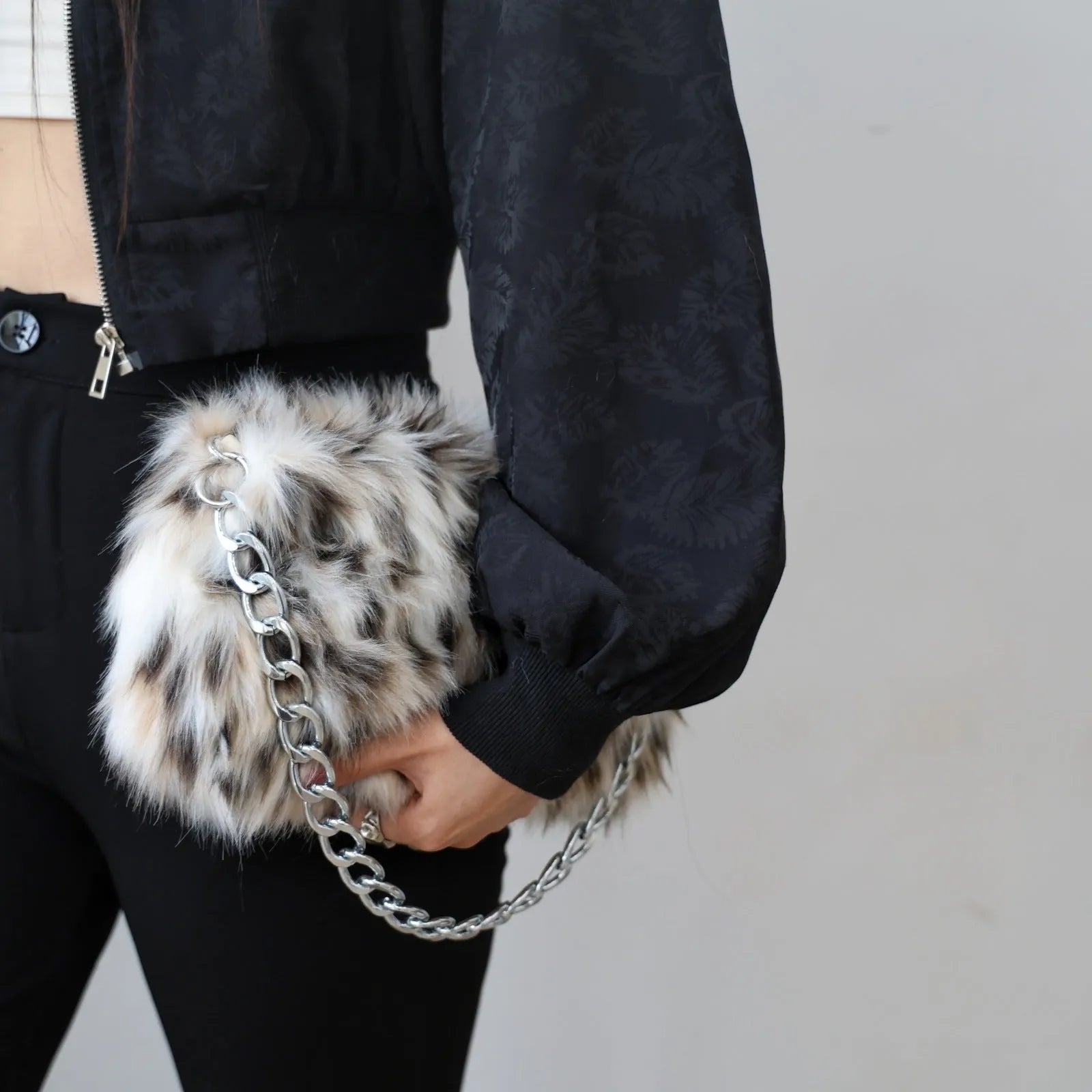 Soft plush underarm shoulder chain bag 28x8x40cm in white leopard print