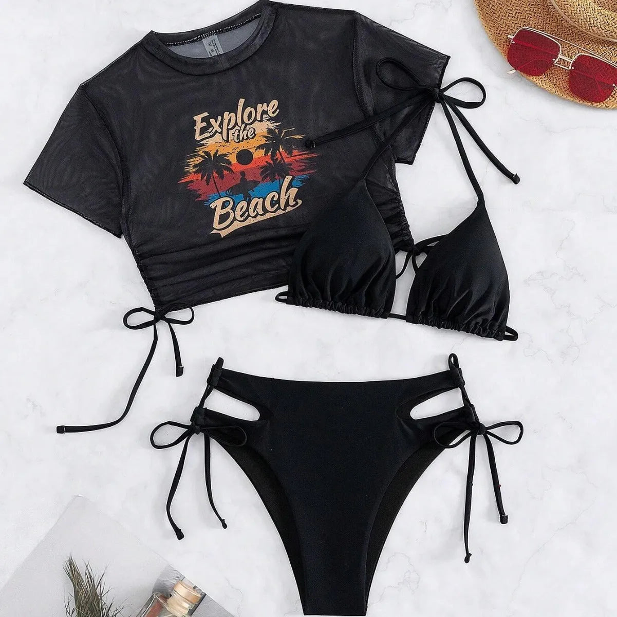 Women's three-piece bikini swimsuit set with short-sleeved top in black, white, pink, or orange red