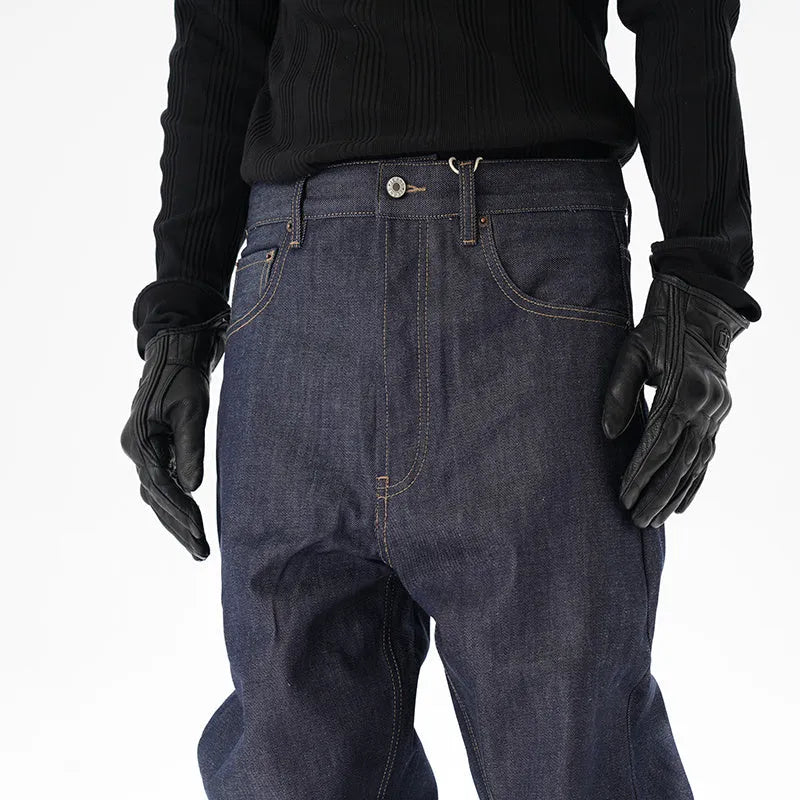 Dark blue loose straight-leg casual jeans on a neutral background.
