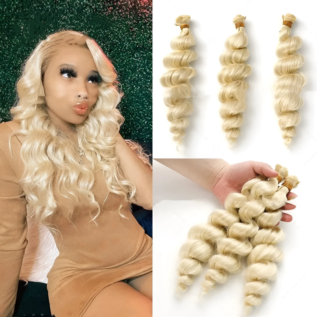 Golden synthetic women's wig on a stand showing 18-inch, 20-inch and 22-inch length options.