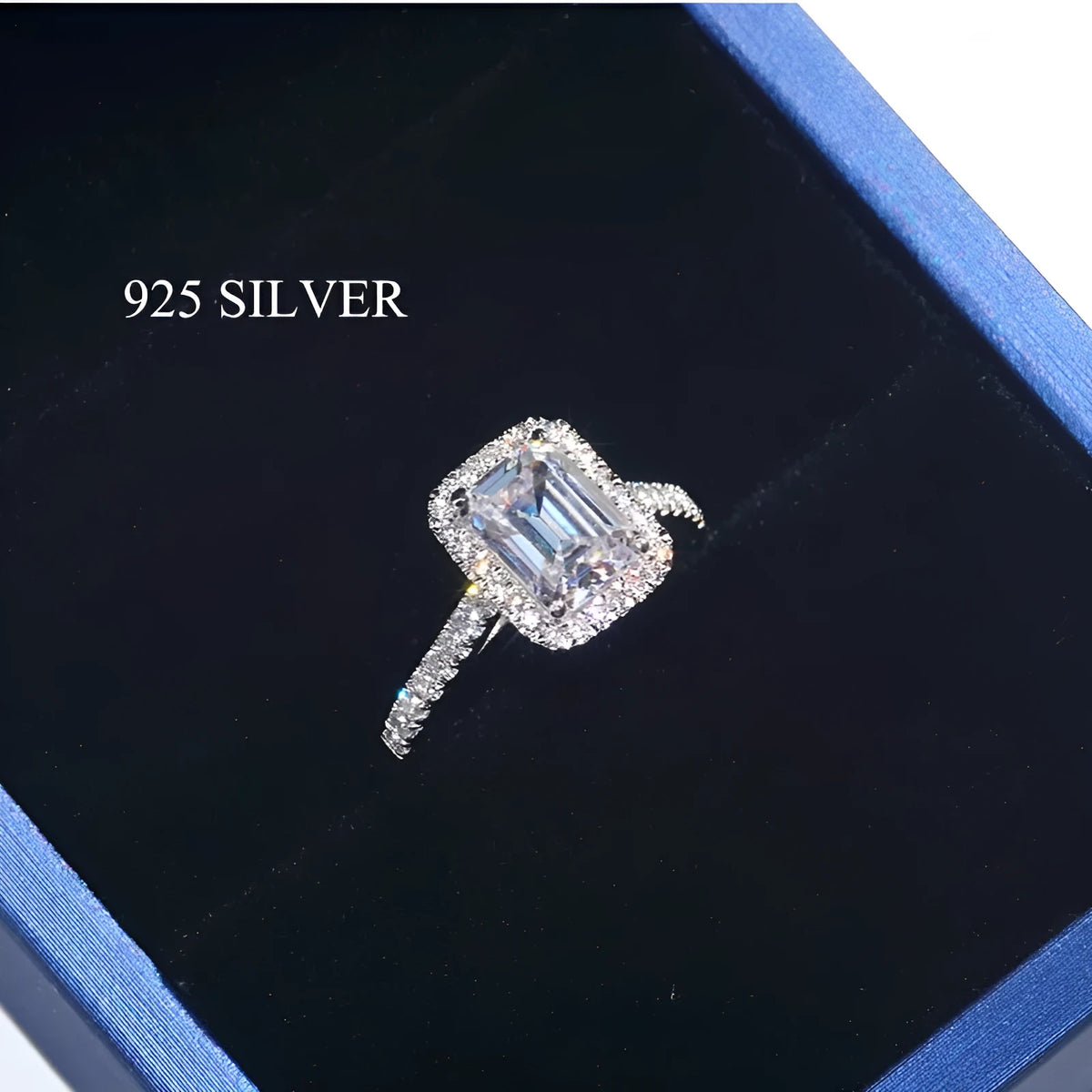 3.5 carat emulation diamond rectangle princess ring in silver tone electroplated metal, geometric women's fashion ring.