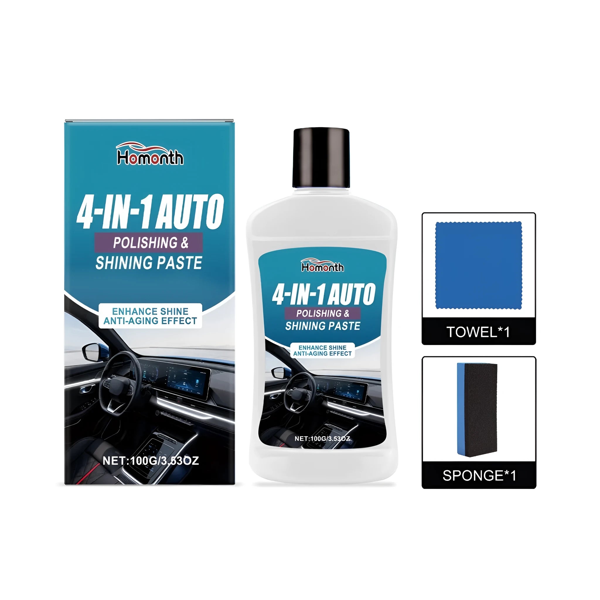 Automobile plastic care nursing cream 100ml tube with sponge and cloth on a car dashboard