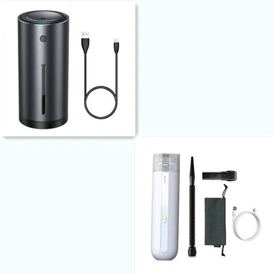 Starry sky black handheld car vacuum cleaner with a blowing hose attachment on a car seat.