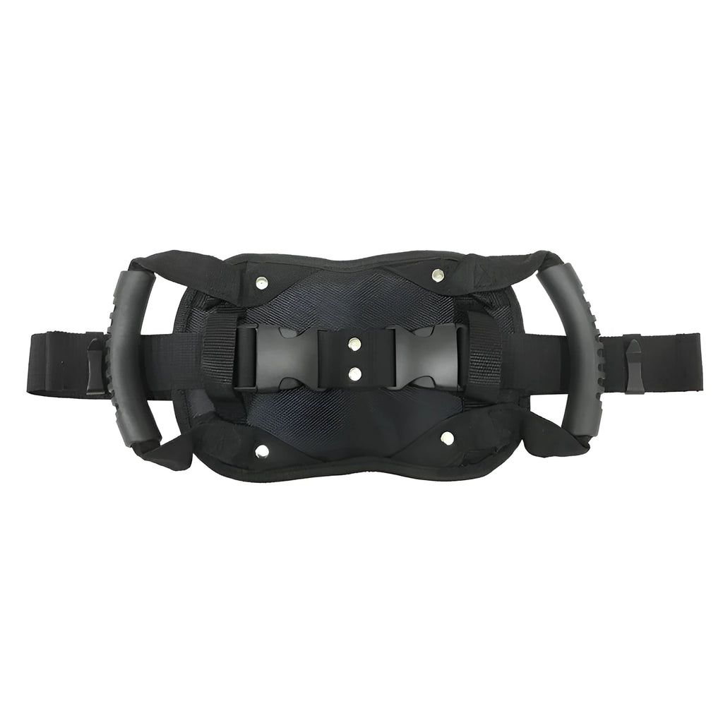 Black motorcycle back seat safety handle armrest with adjustable waistband and breathable mesh padding