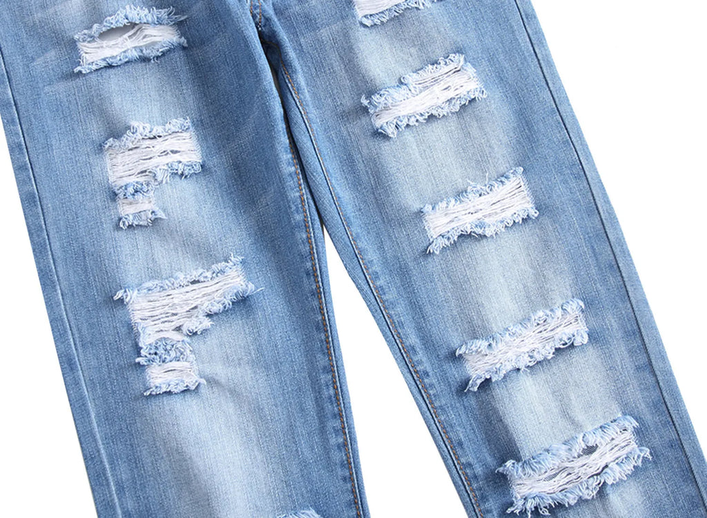 Cotton Blend Ripped Straight Denim Trousers for Men Mid Waist Zipper Fly Light Straight Leg Dark Blue Light Blue Nostalgia Sizes 28-42