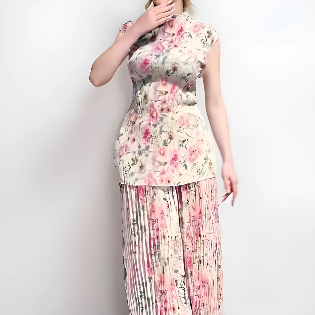 Long sleeve printed chiffon dress and matching skirt set on a hanger, high waist design