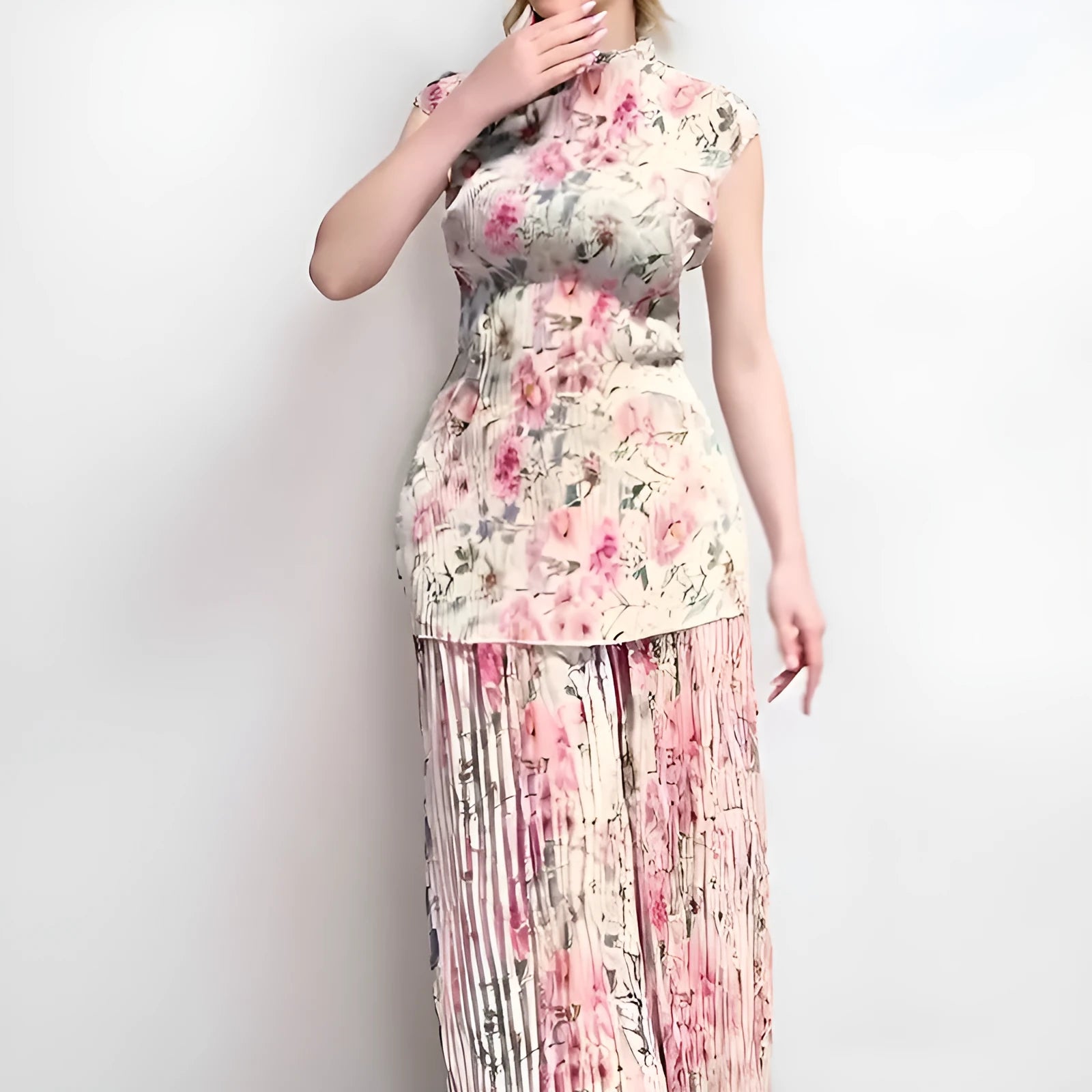Long sleeve printed chiffon dress and matching skirt set on a hanger, high waist design