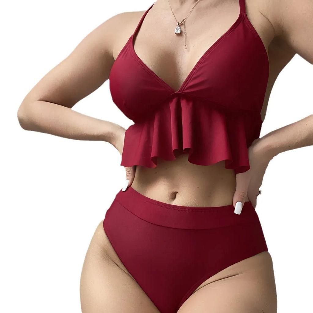 Women's solid colour split bikini swimsuit in polyester spandex fabric on mannequin