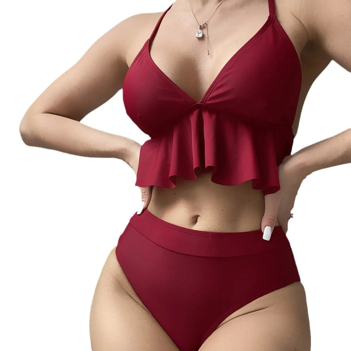 Women's solid colour split bikini swimsuit in polyester spandex fabric on mannequin