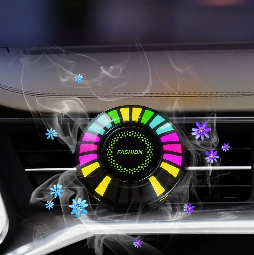 Car air vent clip-on aromatherapy unit with RGB 3D projection light.