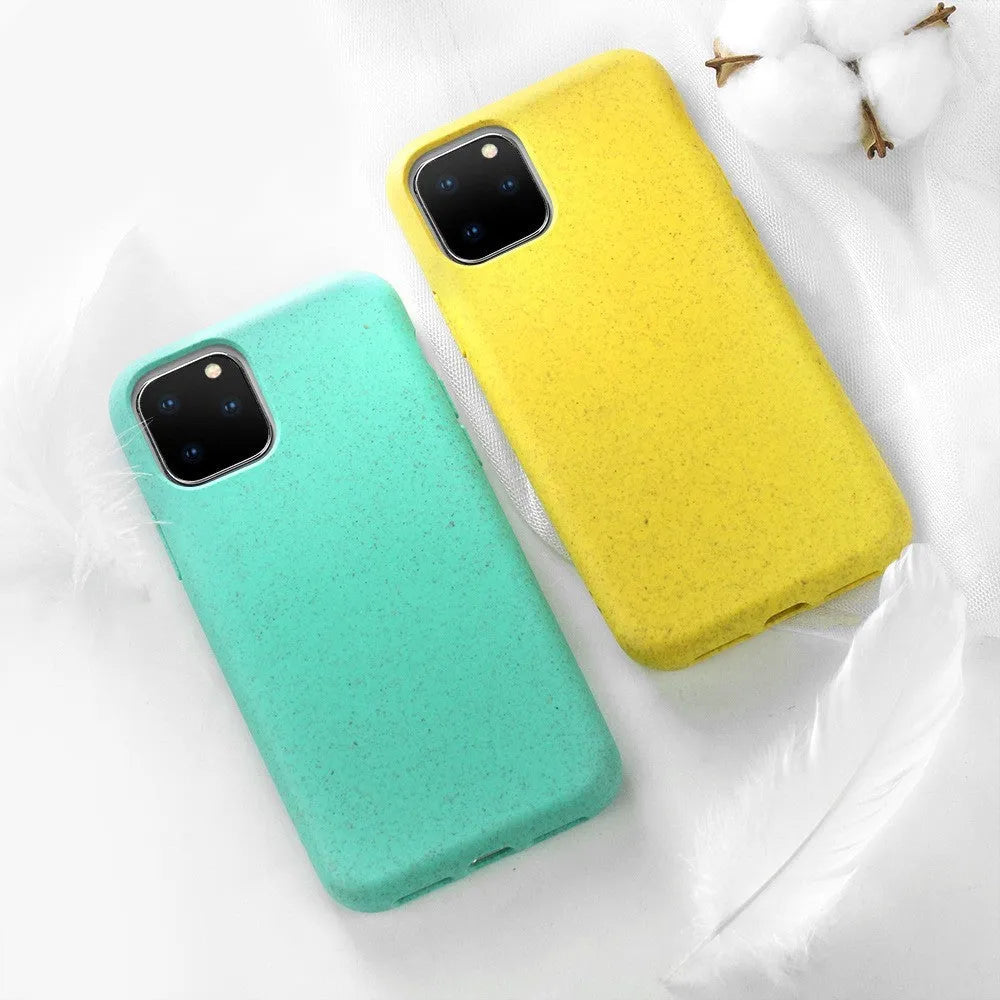 Thick frosted iPhone case with wheat straw and TPU, available in seven colours for various iPhone models.
