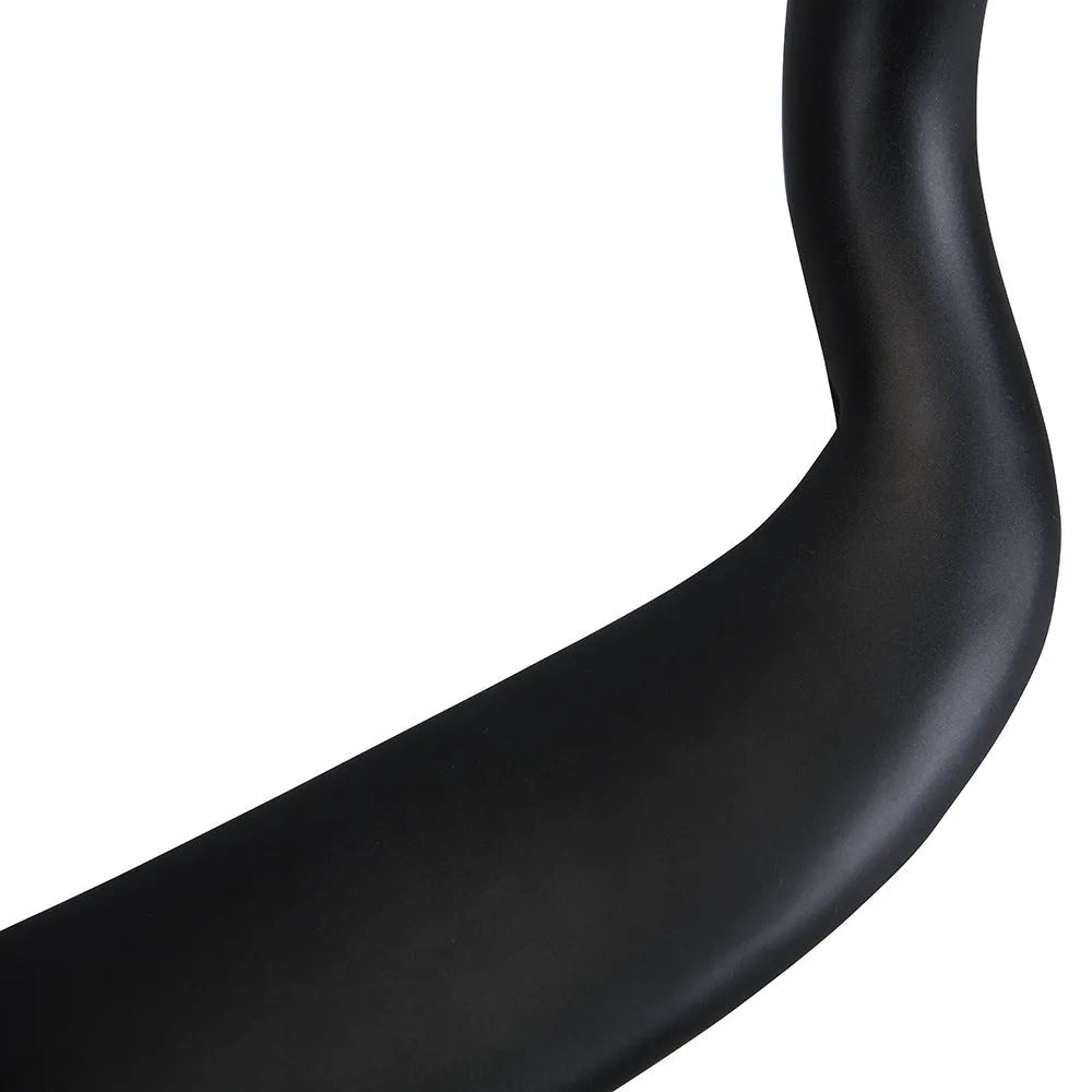 Black carbon fibre road bike handlebars showing large outer swing angle design