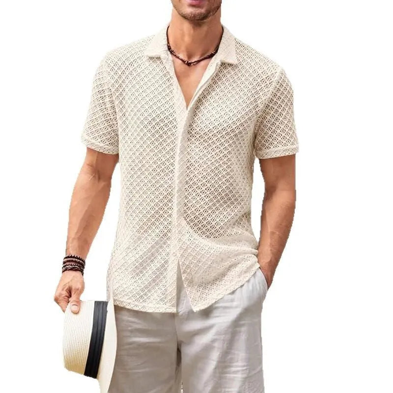 Men's solid colour mesh short sleeve shirt with lapel, shown in beige, black, and white.