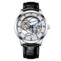 Men's silver case mechanical watch with white dial, blue luminous hands, and a black genuine leather strap.