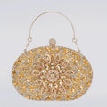 Gold hardware and rhinestone banquet handbag with structured retro design measuring 20cm wide