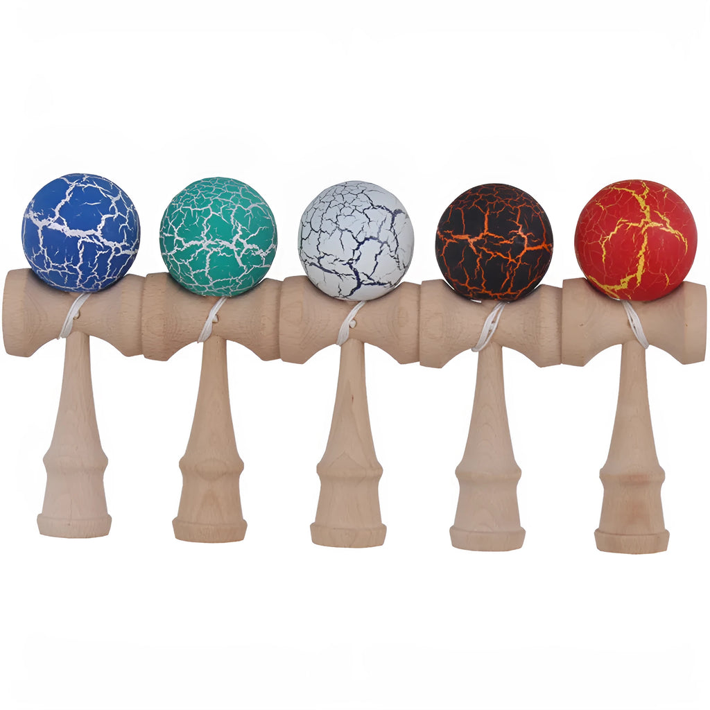 Wooden kendama toy with crack pattern finish, 18.5cm handle, 5.5cm ball, shown in one of seven colours