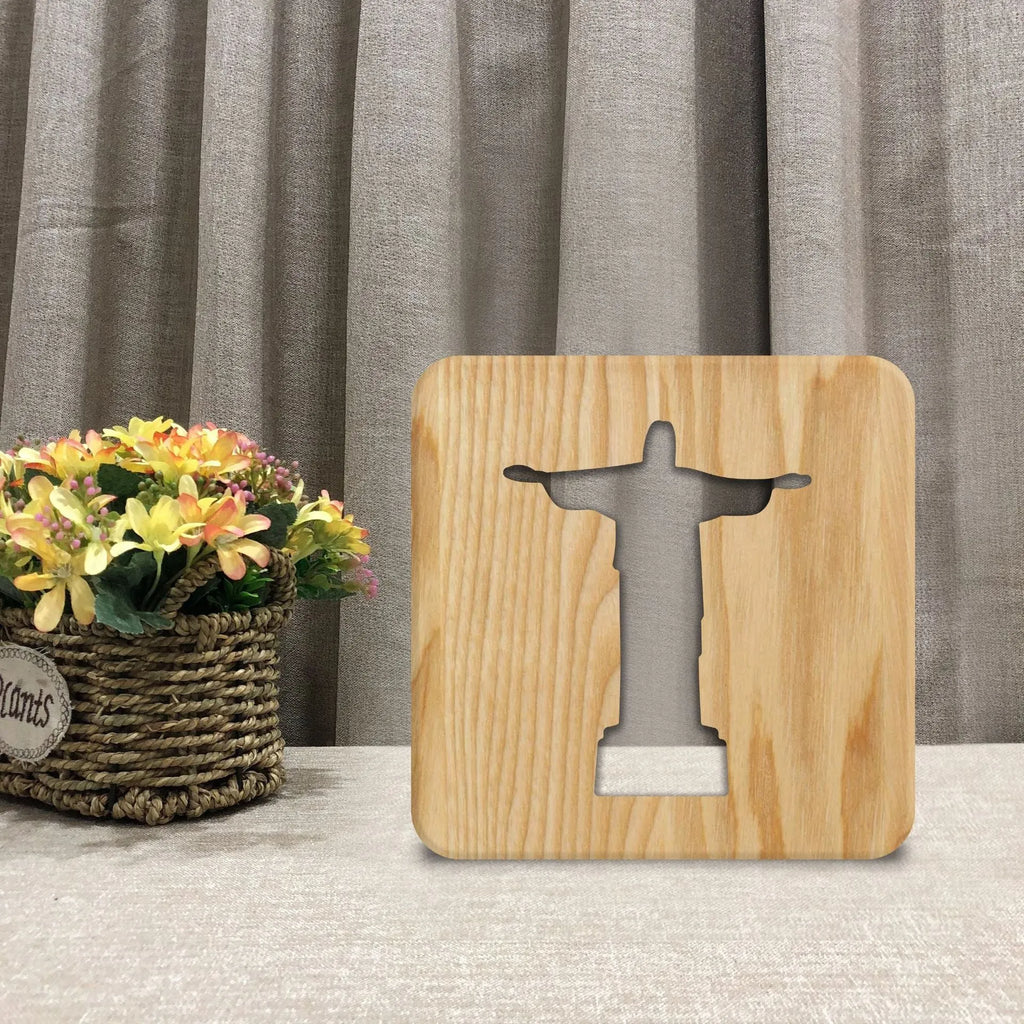 Solid wood hollow night lamp with warm white LED illumination and square wooden frame