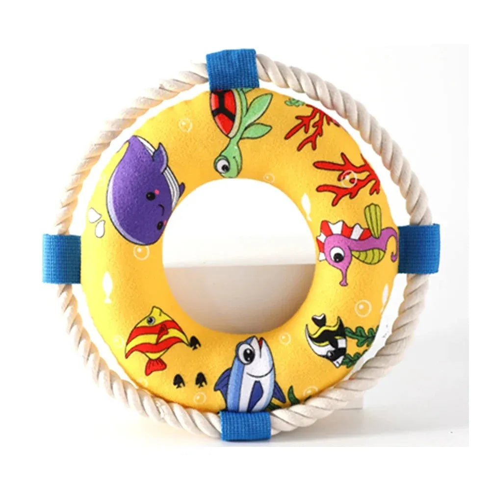 Soft plush dog pull ring chew toy with squeaker in yellow fish design.