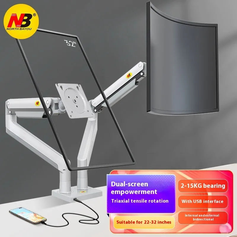 Aluminium dual monitor desk stand holding two screens, with mechanical adjustment arms.